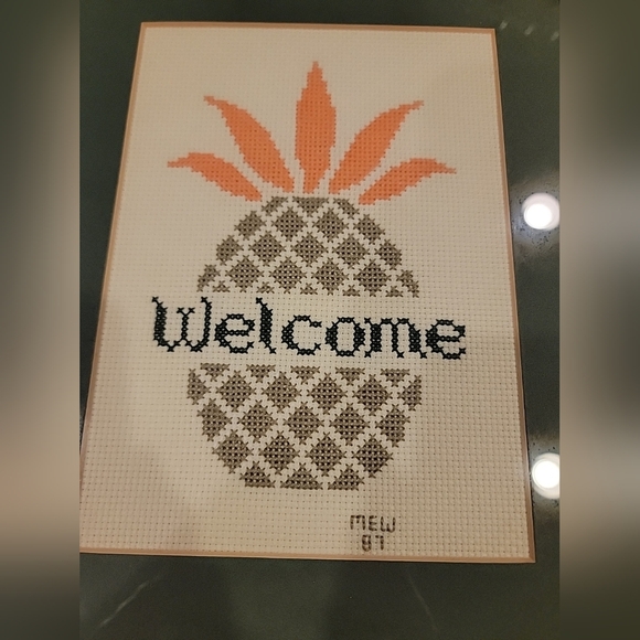 Cross Stitch Pineapple Welcome Professionally Matted And Framed - Picture 2 of 4